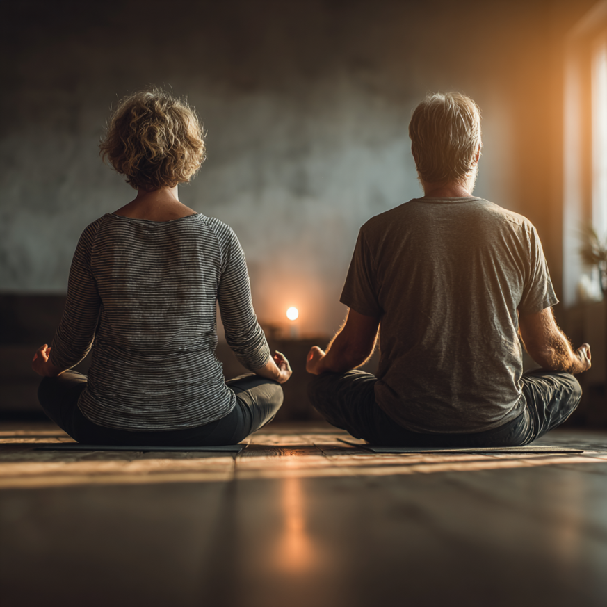 Група възрастни хора практикува йога на открито